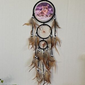 Triple Dreamcatcher with Wolf Pack Image and Real Feathers New